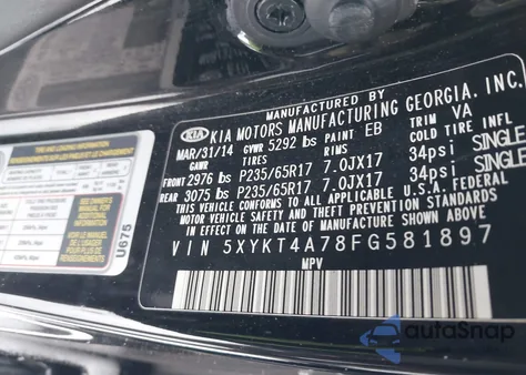 2015 Kia Sorento Lx V6 z USA, uszkodzony, nr VIN 5XYKT4A78FG581897